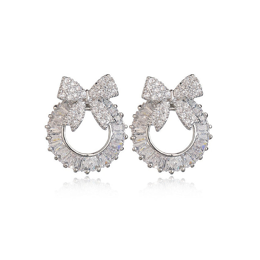 MyKay Bow Wreath Baguette CZ Diamond Stud Sterling Silver Prongs Earrings