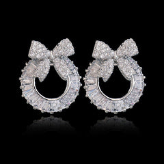 MyKay Bow Wreath Baguette CZ Diamond Stud Sterling Silver Prongs Earrings 2