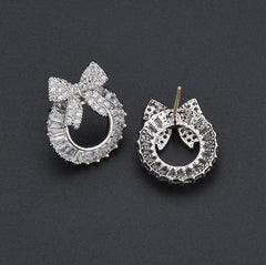 MyKay Bow Wreath Baguette CZ Diamond Stud Sterling Silver Prongs Earrings 1