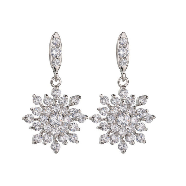 MyKay Elegant Large Snowflake Dangle CZ Diamond Sterling Silver Prongs Earrings 1