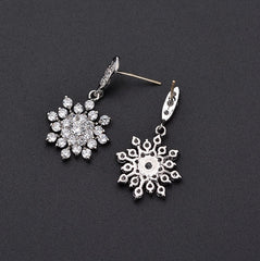 Elegant Large Snowflake Dangle CZ Diamond Sterling Silver Prongs Earrings