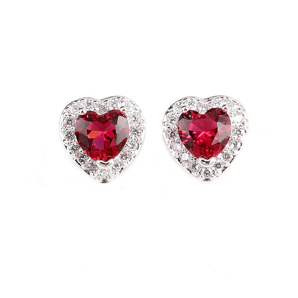 MyKay Heart Halo CZ Diamond Stud Sterling Silver Prongs Earrings RED