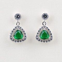 MyKay Triangular Round Dangle CZ Diamond Sterling Silver Prongs Earrings - GREEN