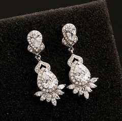 Grand Chandelier Drop Pear CZ Diamond Sterling Silver Prongs Earrings