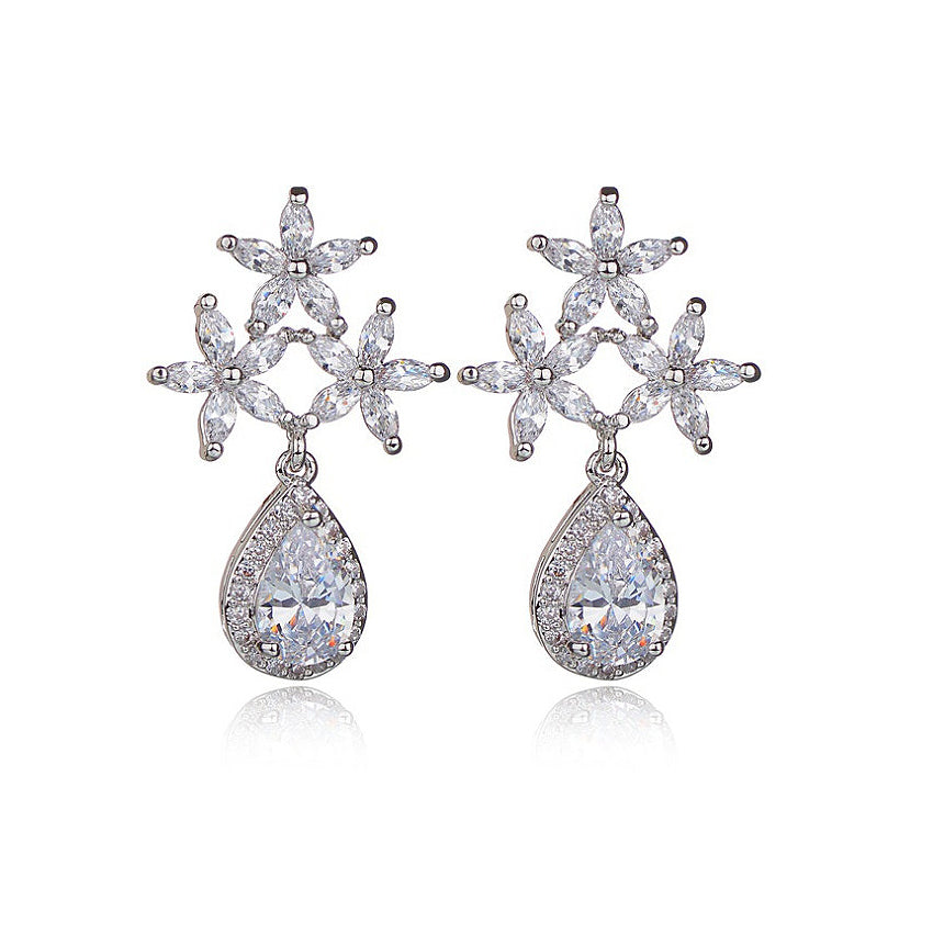 MyKay Glamourous Tri-floral Teardrop CZ Diamond Sterling Silver Prongs Earrings