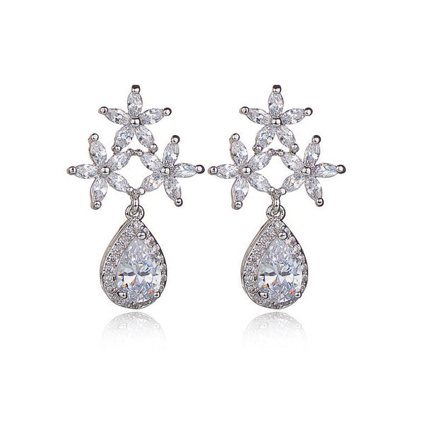 MyKay Glamourous Tri-floral Teardrop CZ Diamond Sterling Silver Prongs Earrings