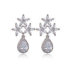 MyKay Glamourous Tri-floral Teardrop CZ Diamond Sterling Silver Prongs Earrings