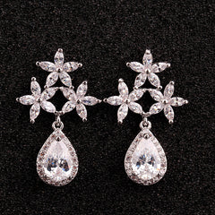 Glamourous Tri-floral Teardrop CZ Diamond Sterling Silver Prongs Earrings