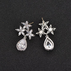 Glamourous Tri-floral Teardrop CZ Diamond Sterling Silver Prongs Earrings